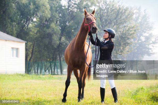cheerful female rider with her horse - 騎手 ストックフォトと画像
