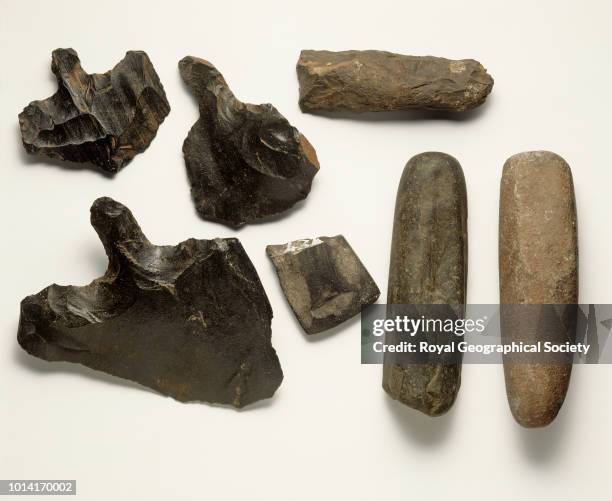 Obsidian and basalt spearheads used in carving the statues on Easter Island, These objects were collected by Sir Harry Luke. They date from between...