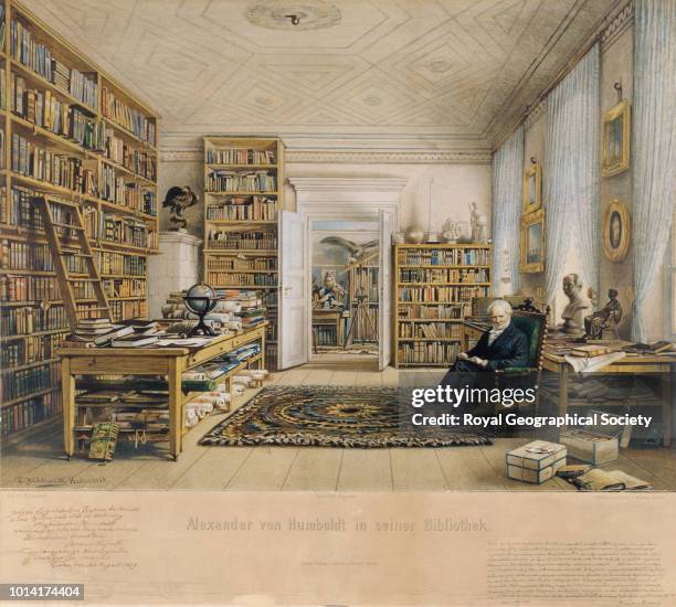 Alexander von Humboldt in his library, circa 1855, Portrait of the German naturalist and explorer Alexander von Humboldt at the age of 86 surrounded...