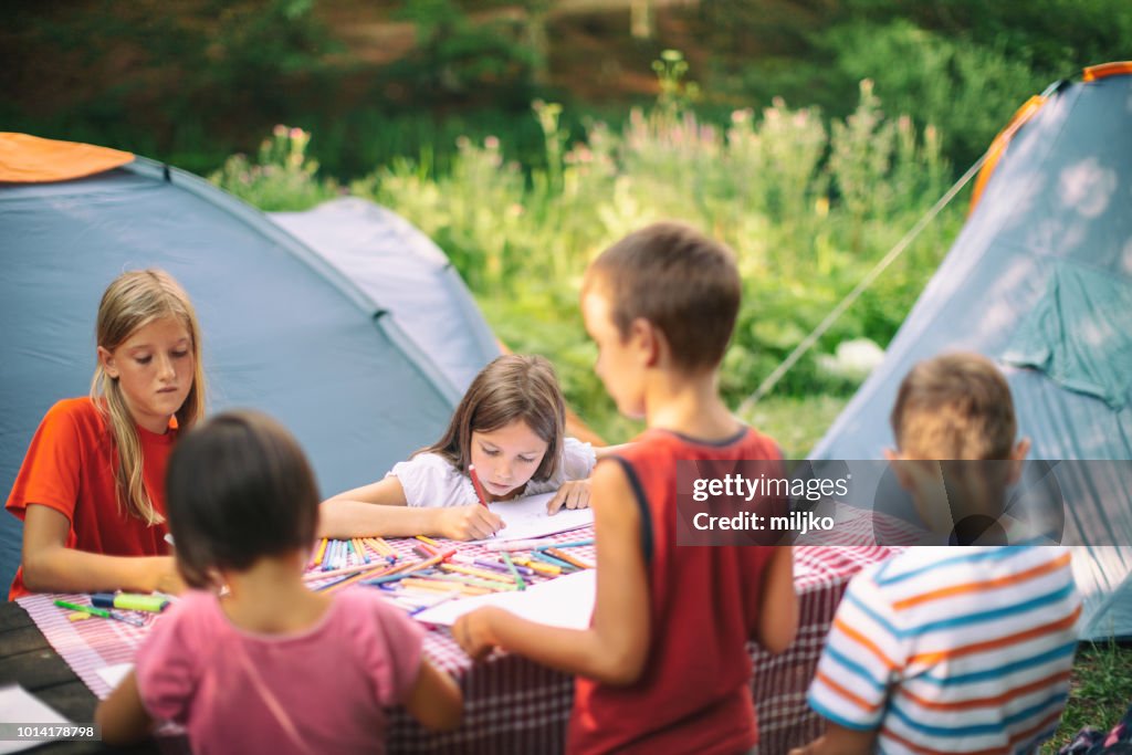 Children on camping drawing