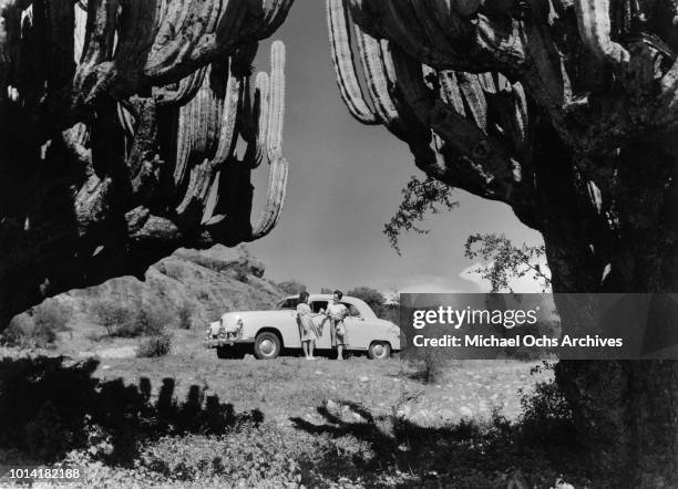 Woman and girl standing by their car on the Pan-American Highway outside Tehuitzingo, Mexico, circa 1950. In the foreground are two giant cacti.