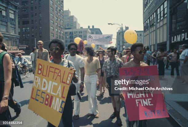 Representatives of the Buffalo Radical Lesbians take part in an LGBT parade through New York City on Christopher Street Gay Liberation Day 1971.