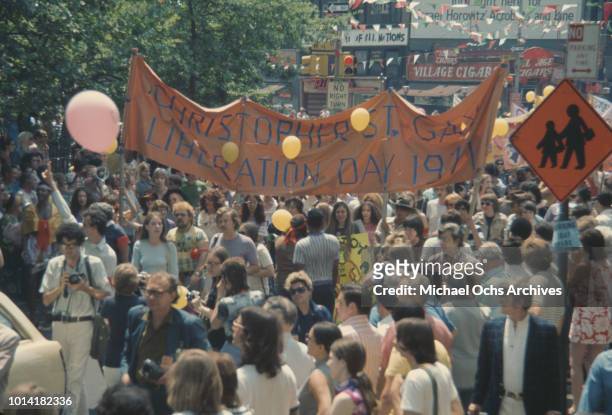 An LGBT parade through New York City on Christopher Street Gay Liberation Day 1971.
