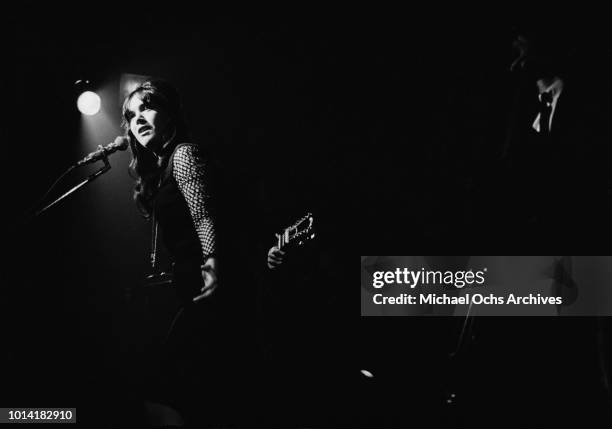 Canadian singer Gale Garnett in concert at The Bitter End, a nightclub in Greenwich Village, New York City, circa 1965.