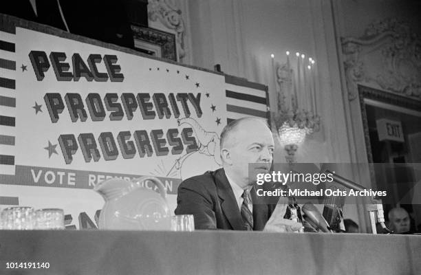 Republican candidate and incumbent President Dwight D. Eisenhower, commonly known as 'Ike', with the slogan 'Peace Prosperity Progress' during the...