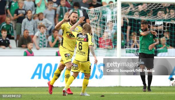 Mijat Maric celebrates after scoring a penalty during the Jupiler Pro League match between Cercle Brugge KSV and KSC Lokeren OV at Jan Breydel...