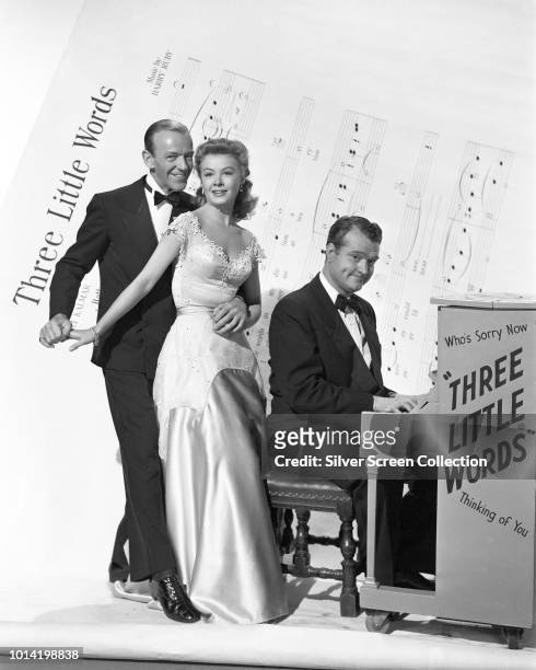 From left to right, actors Fred Astaire as Bert Kalmar, Vera-Ellen as Jessie Brown Kalmar, and Red Skelton as Harry Ruby in a publicity still for the...