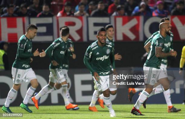 Miguel Borja of Palmeiras celebrats with teammates after scoring a goal during a round of sixteen match between Cerro Porteno and Palmeiras as part...