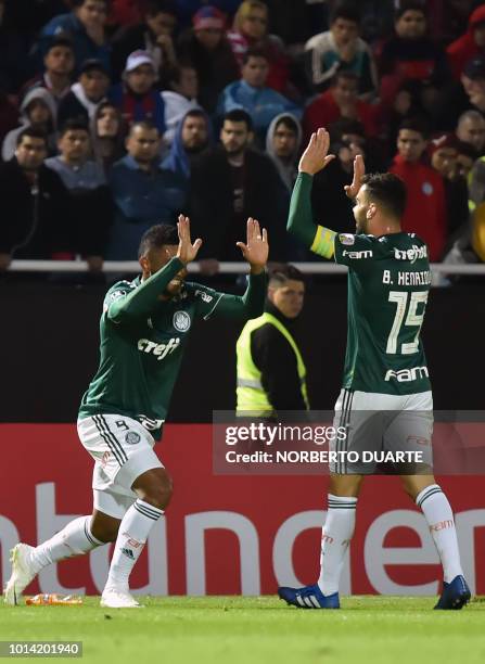 Brazil's Palmeiras Colombian player Miguel Borja celebrates after scoring against Paraguay's Cerro Porteno, during their Copa Libertadores football...