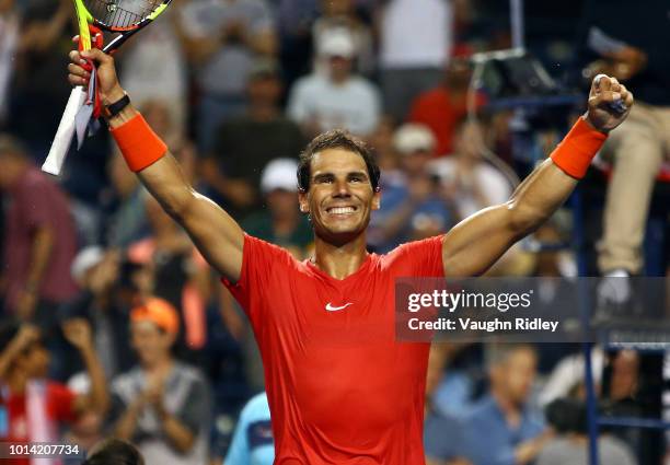 Rafael Nadal of Spain celebrates victory over Stan Wawrinka of Switzerland during a 3rd round match on Day 4 of the Rogers Cup at Aviva Centre on...