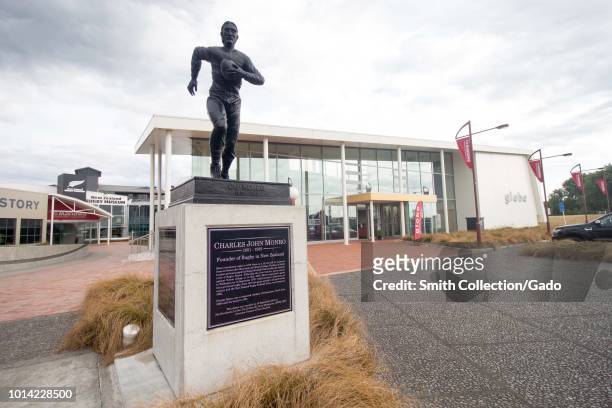 Charles John Monro monument in front of the Globe Theatre, New Zealand Rugby Museum and Te Manawa Museum of Art, Science and History in Palmerston...