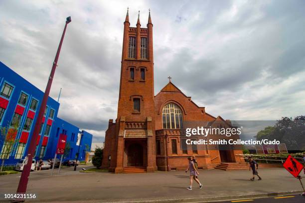 Street view of the All Saints Anglican Church and Square Edge Arts Centre in Palmerston North, Manawatu, New Zealand, November 27, 2017.