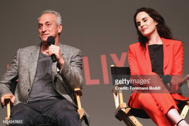 Casey Silver and Michelle Dockery attend the Netflix Celebrates 12 Emmy Nominations For "Godless" at DGA Theater on August 9, 2018 in Los Angeles,...