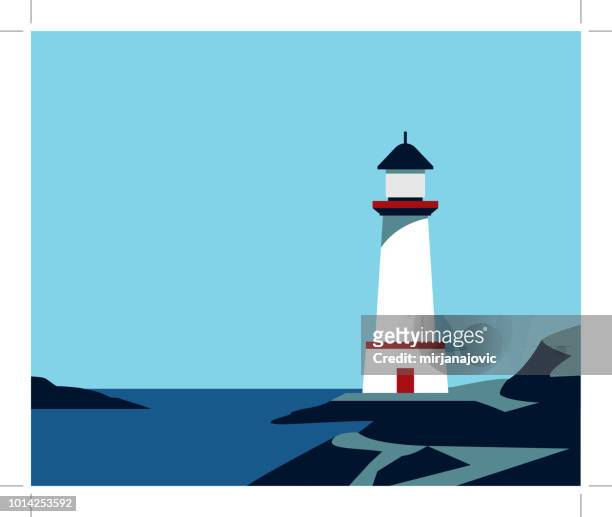 lighthouse on rock stones - seascape vector stock illustrations