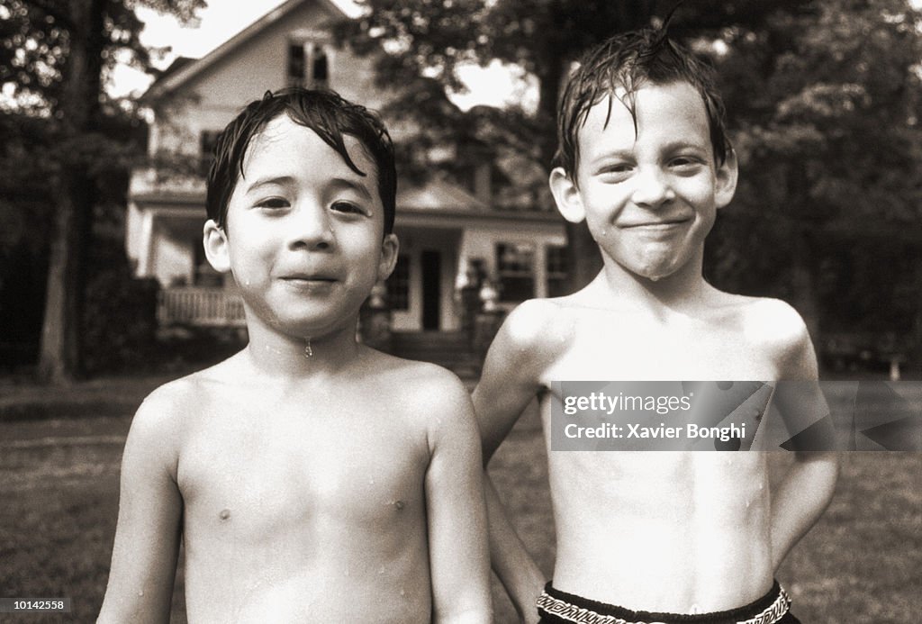 WET BOYS, TWO YOUNG BOYS, ASIAN AMERICAN AND ANGLO