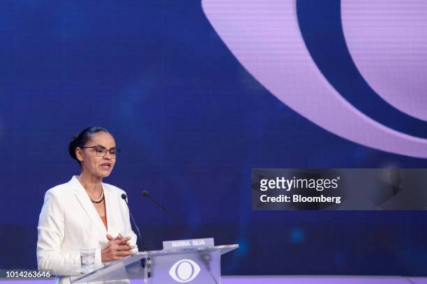 Marina Silva, presidential candidate for the Sustainability Network Party , speaks on stage during the first presidential debate in Sao Paulo,...