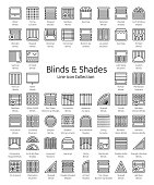 Blinds & Shades. Window shutters & panel curtains. Home decorative elements. Window coverings. Line icon collection.