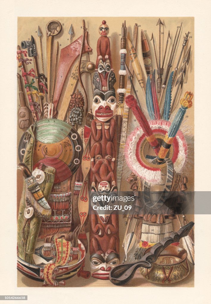 Indianische Kultur Objekte, farblitho, veröffentlicht im Jahre 1897