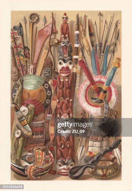 american indian culture objects, chromolithograph, published in 1897 - brazilian headdress stock illustrations