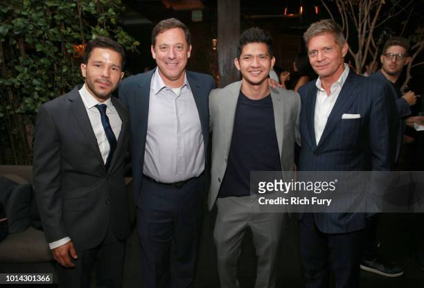 Carlo Alban, Adam Fogelson, Iko Uwais and Bob Simonds attend the after party for the premiere of STX Films' "Mile 22" at Westwood Village Theatre on...