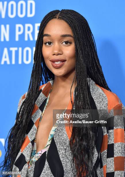 Laura Harrier arrives at the Hollywood Foreign Press Association's Grants Banquet at The Beverly Hilton Hotel on August 9, 2018 in Beverly Hills,...