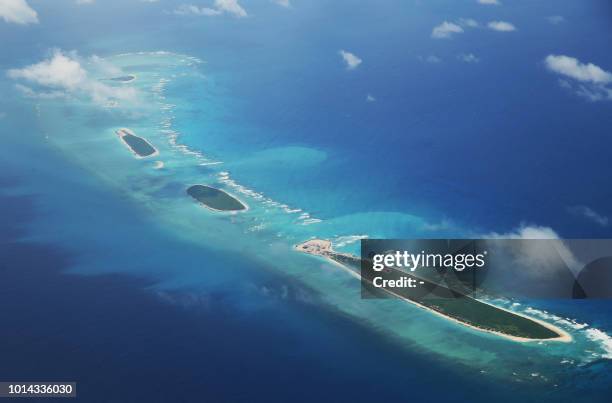 An aerial view of Qilianyu islands in the Paracel chain, which China considers part of Hainan province on August 10, 2018. / China OUT
