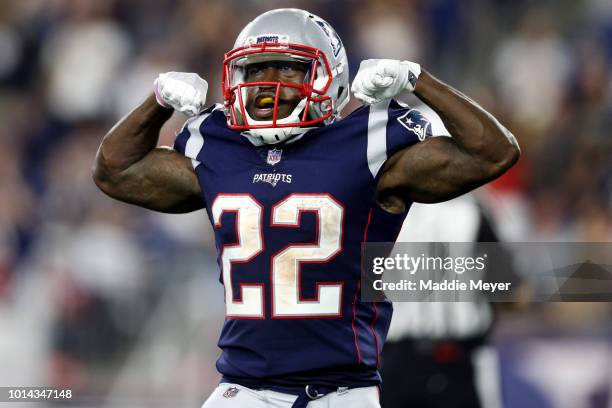 Ralph Webb of the New England Patriots celebrates during the preseason game between the New England Patriots and the Washington Redskins at Gillette...