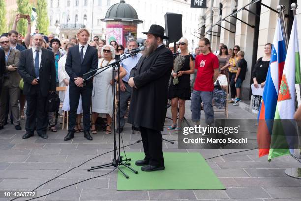 Slovenia Rabbi Ariel Haddid speaks ahead of the ceremony to lay a block installation in the city center to remember the Slovenian Jews killed in the...