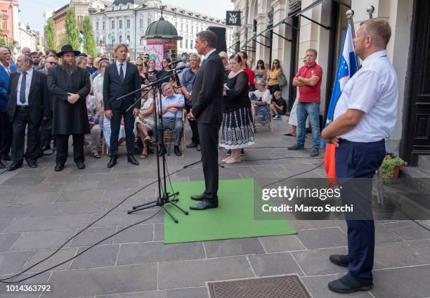 President of the Republic of Slovenia Borut Pahor and Robert Waltl of the Jewish Cultural Centre Ljubljana ahead of the ceremony to lay a block...