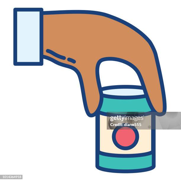 charity and donation thin line icon - hand holding can stock illustrations