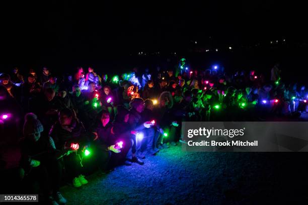 Large group of people pose for a photo during the Valley Of Light Public Art Experience at Centennial Park on August 10, 2018 in Sydney, Australia....