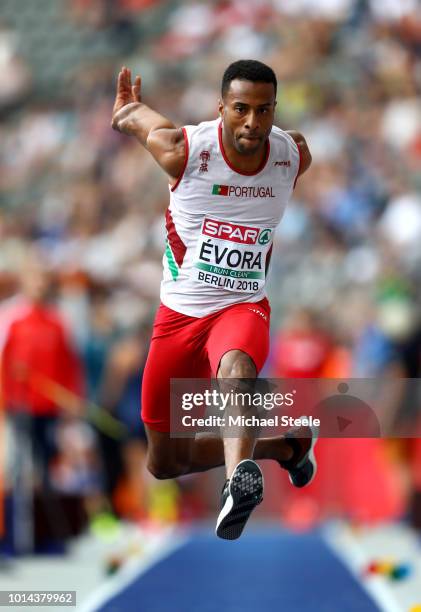 Nelson Evora of Portugal competes in the Men's Triple Jump Qualifying during day four of the 24th European Athletics Championships at Olympiastadion...