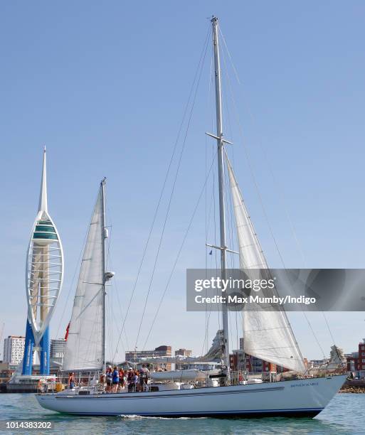 Donald Searle', an Ocean 75ft Ketch Yacht carrying Sophie, Countess of Wessex and Lady Louise Windsor passes Spinnaker Tower during an Association of...