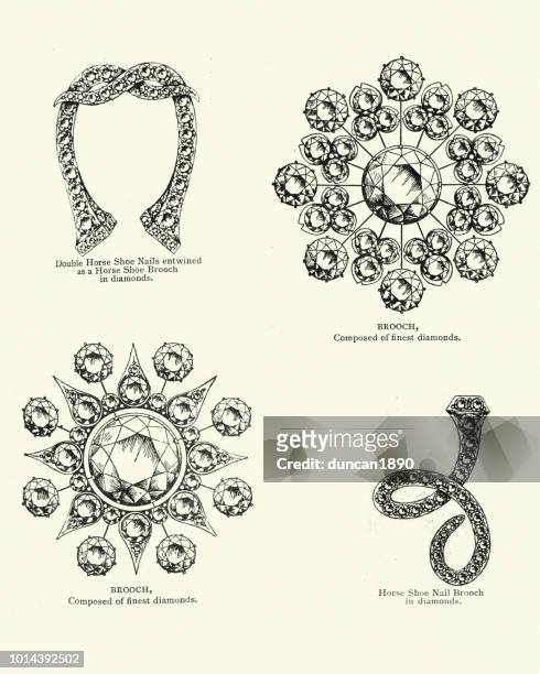 victorian jewelry, diamond brooch, 1890s - vintage brooch stock illustrations