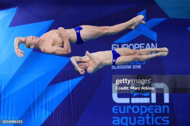 Evgenii Kuznetsov and Ilia Zakharov of Russia competes in the Men's Synchronised 3m Springboard Final on Day Nine of the European Championships...