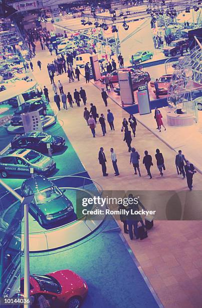 london motor show, aerial, cars exhibition - motor show stock pictures, royalty-free photos & images