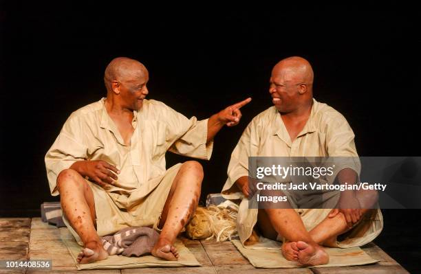 South African actors Winston Ntshona and John Kani perform at the final dress rehearsal of the Market Theatre of Johannesburg/Royal National Theatre...