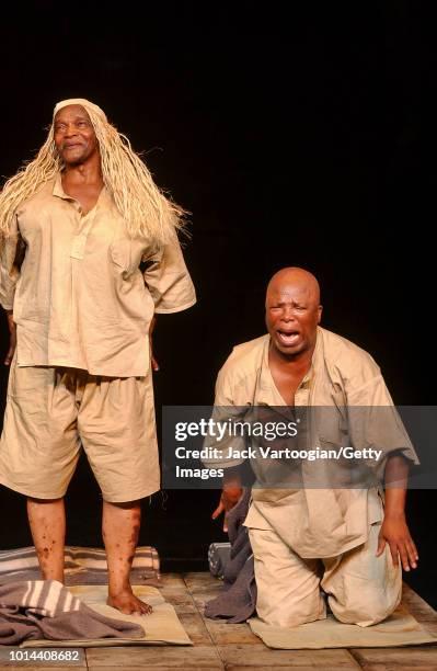 South African actors Winston Ntshona and John Kani as 'Creon') perform at the final dress rehearsal of the Market Theatre of Johannesburg/Royal...