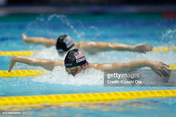 John Conger and Zachary Harting of the United States compete in the Men's 200m Butterfly Final on day two of the Pan Pacific Swimming Championships...