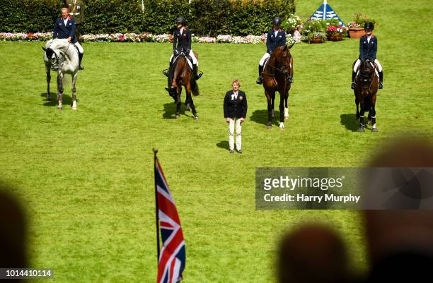 Dublin , Ireland - 10 August 2018; The Great British Team observe the National Anthem prior to the Longines FEI Jumping Nations Cup of Ireland during...