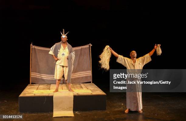 South African actors John Kani and Winston Ntshona perform at the final dress rehearsal of the Market Theatre of Johannesburg/Royal National Theatre...