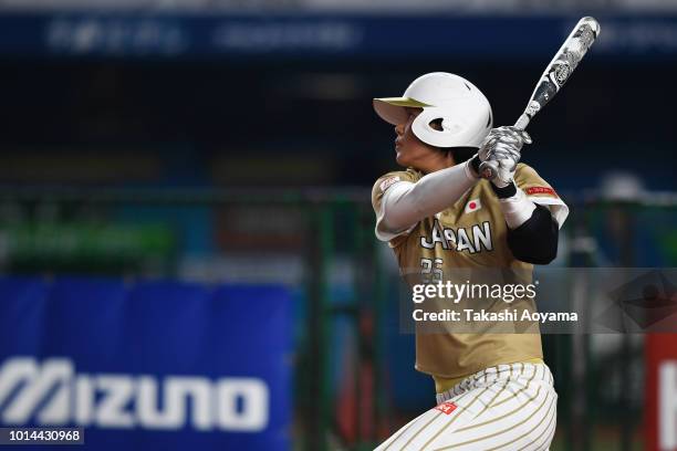 Haruka Agatsuma of Japan bats against Puerto Rico during the Playoff Round at ZOZO Marine Stadium on day nine of the WBSC Women's Softball World...