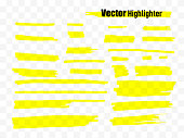 Highlighter brush set. Hand drawn yellow highlight marker stripes. Vector illustration