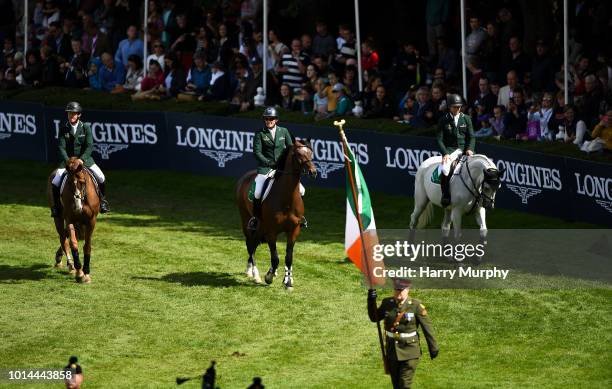 Dublin , Ireland - 10 August 2018; Riders representing Ireland parade the ring prior to the Longines FEI Jumping Nations Cup of Ireland during the...