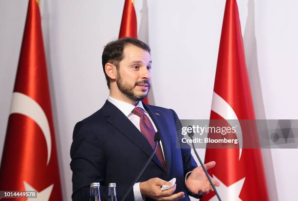 Berat Albayrak, Turkey's treasury and finance minster, speaks during a news conference in Istanbul, Turkey, on Friday, Aug. 10, 2018. In their first...