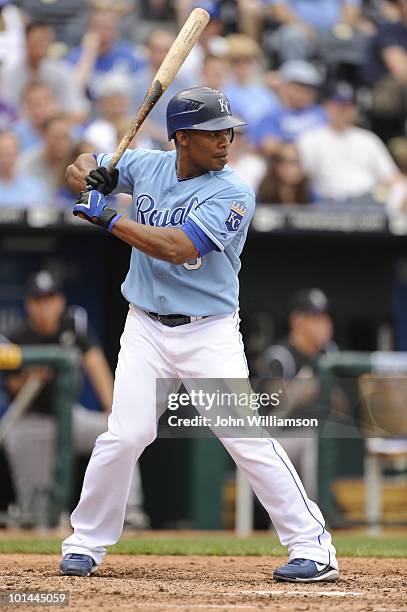 Designated hitter Jose Guillen of the Kansas City Royals bats during the game against the Colorado Rockies at Kauffman Stadium in Kansas City,...