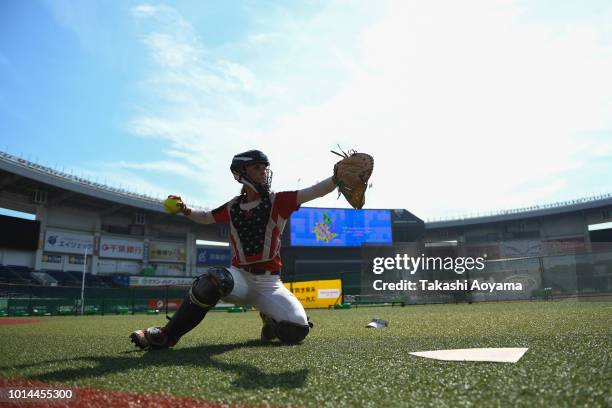 Aubree Aurielle Munro of United States warms up prior to Playoff Round match between United States and Australia at ZOZO Marine Stadium on day nine...