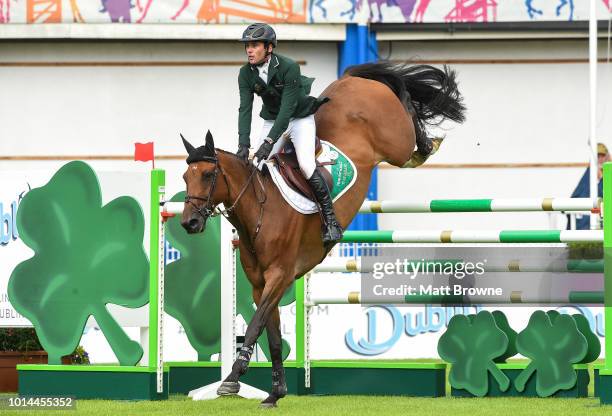 Dublin , Ireland - 10 August 2018; Mark McAuley of Ireland competing on Utchan De Belheme during the Longines FEI Jumping Nations Cup of Ireland...