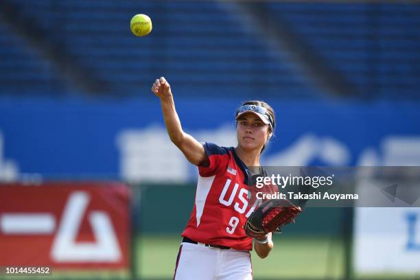 Janette Miiko Reed of United States warms up prior to Playoff Round match between United States and Australia at ZOZO Marine Stadium on day nine of...