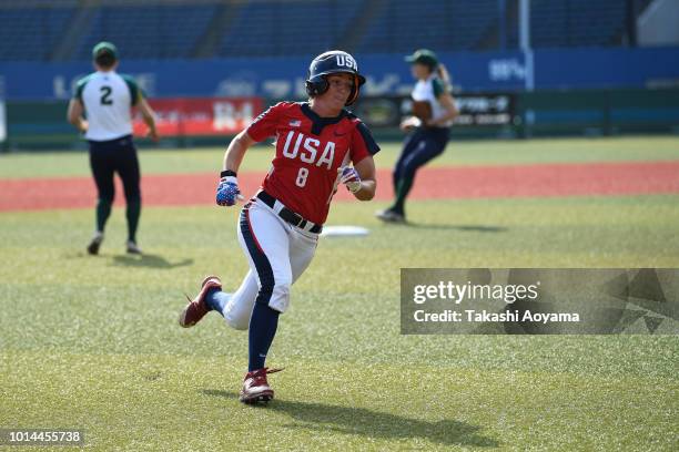 Haylie Ann McCleney of United States rounds the bases to score on a RBI double by Delaney Lyn Spaulding in the fifth inning against Australia during...